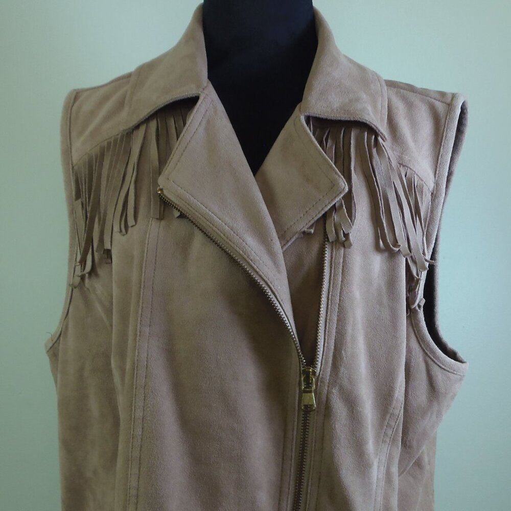 Chico's SZ 3/LG 16 Faux Suede Fringe Vest Haute Hippie Boho Chic Rodeo Cowgirl